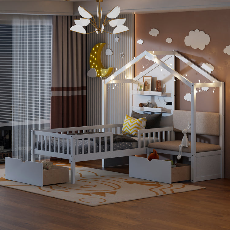 Lit cabane format Twin avec canapé rembourré, station de recharge sans fil, étagères et deux tiroirs – blanc