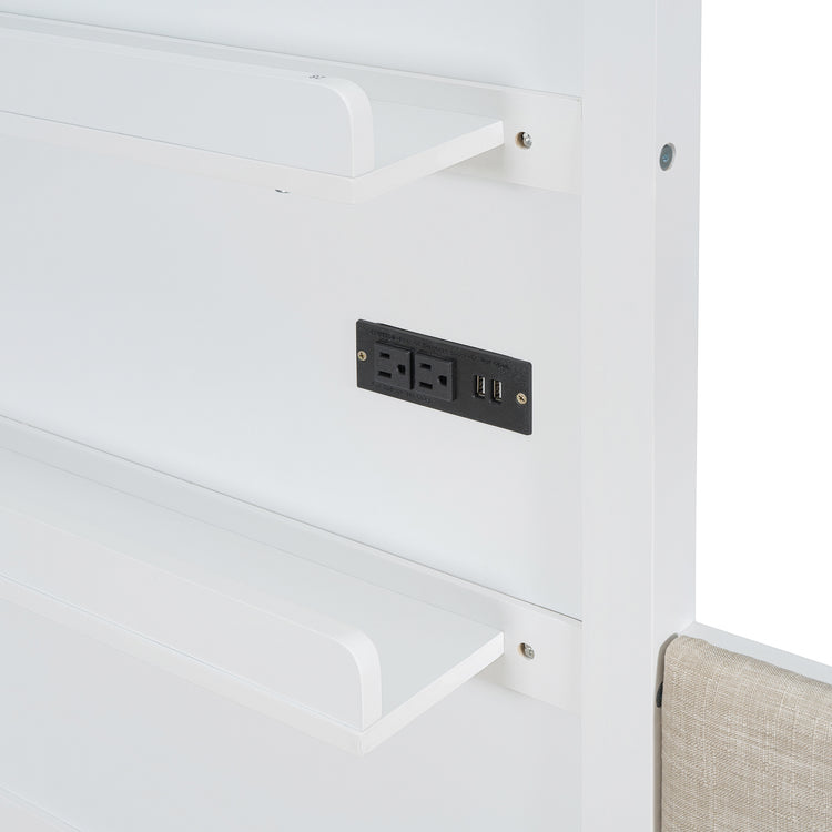 Lit cabane format Twin avec canapé rembourré, station de recharge sans fil, étagères et deux tiroirs – blanc
