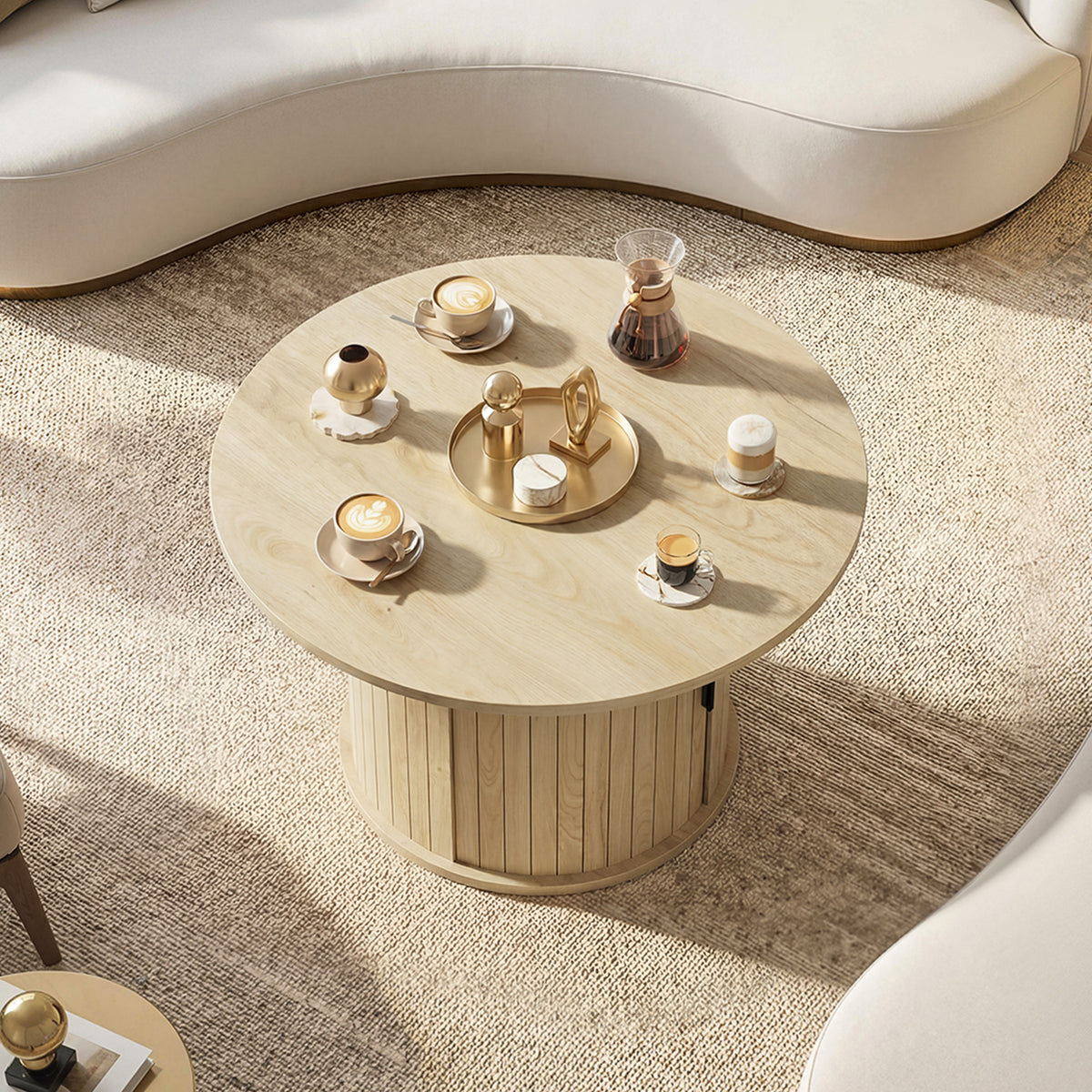 Table basse ronde effet bois naturel avec rangement