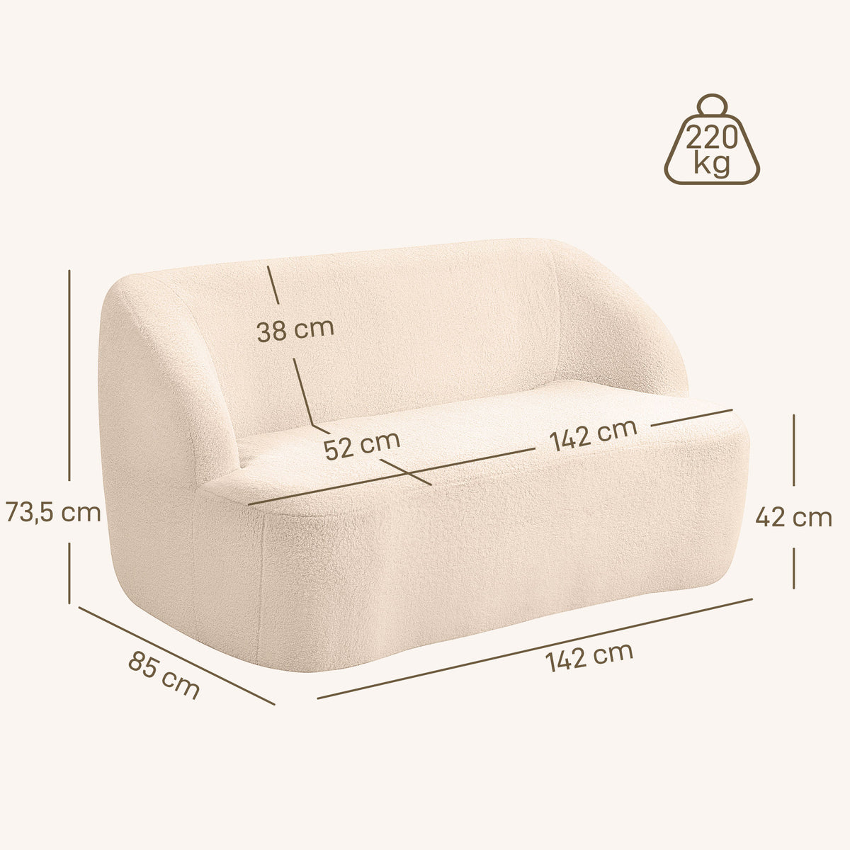 Canapé 2 places en bouclette beige – 142 cm