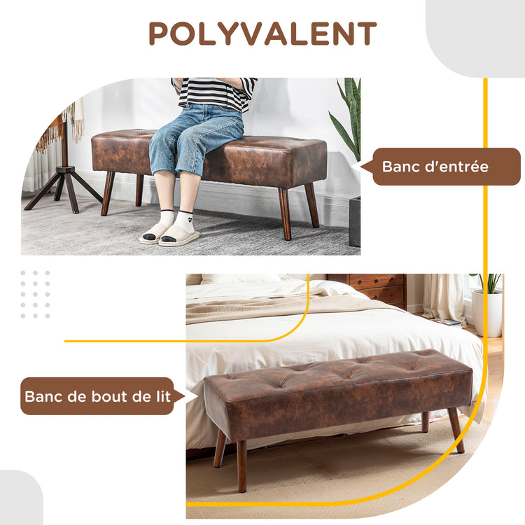 Banc bout de lit banquette capitonnée style vintage 114 x 38 x 42 cm piètement bois revêtement marron effet vieilli
