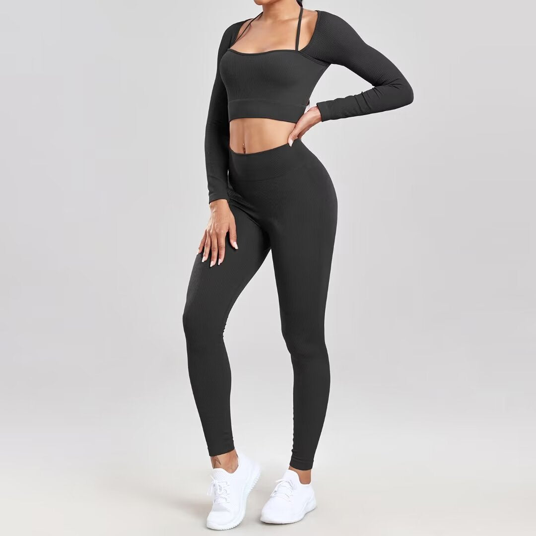 Sports Running Seamless Ribbed Long Sleeve Yoga Fitness Set, Bodycon High-Waisted Backless T-Shirt, Quick-Dry Workout Apparel