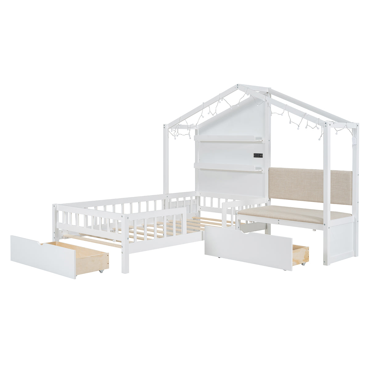 Lit cabane format Twin avec canapé rembourré, station de recharge sans fil, étagères et deux tiroirs – blanc