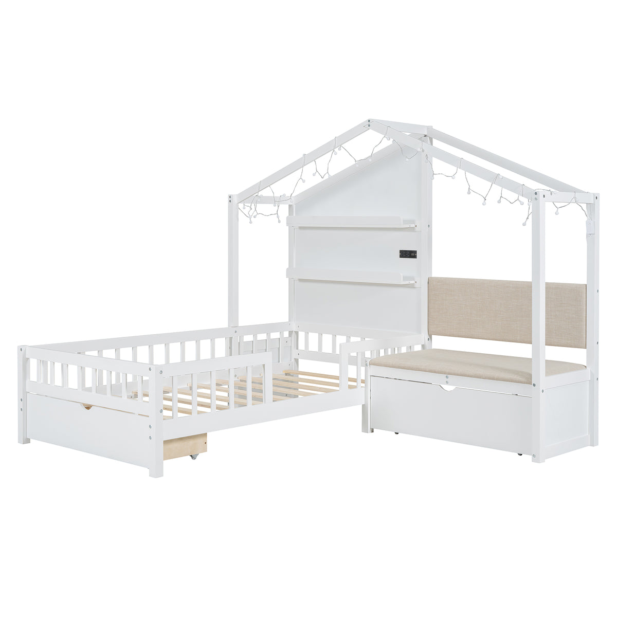 Lit cabane format Twin avec canapé rembourré, station de recharge sans fil, étagères et deux tiroirs – blanc