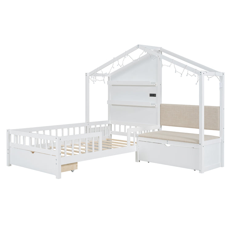 Lit cabane format Twin avec canapé rembourré, station de recharge sans fil, étagères et deux tiroirs – blanc