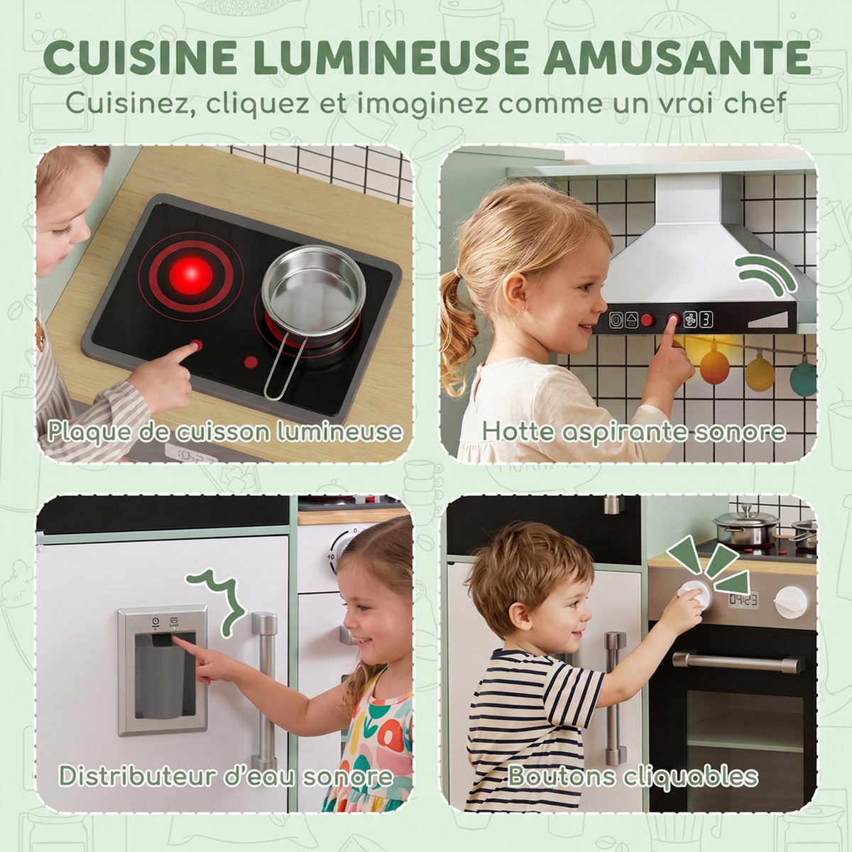 Cuisine Enfant Jouet d'Imitation, Micro-Ondes, Four, Plateau Rotatif sur Roulettes, 160x32x97,5cm, Vert Clair