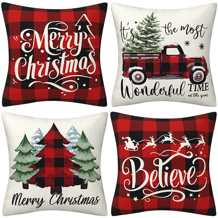 Housse de coussin de fêtes 45 × 45 cm – carreaux noirs et rouges, voiture et lettres