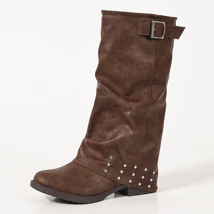 Bottes western femme mi-mollet à talon, bout rond, tige plissée, boucle cuivrée et franges