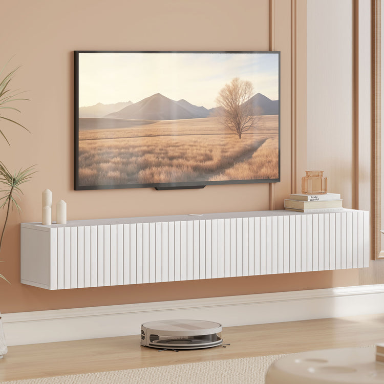 Meuble TV suspendu 140cm, meuble télé pour téléviseur 72 pouces, 2 portes rabattables, 140x25x22cm, blanc