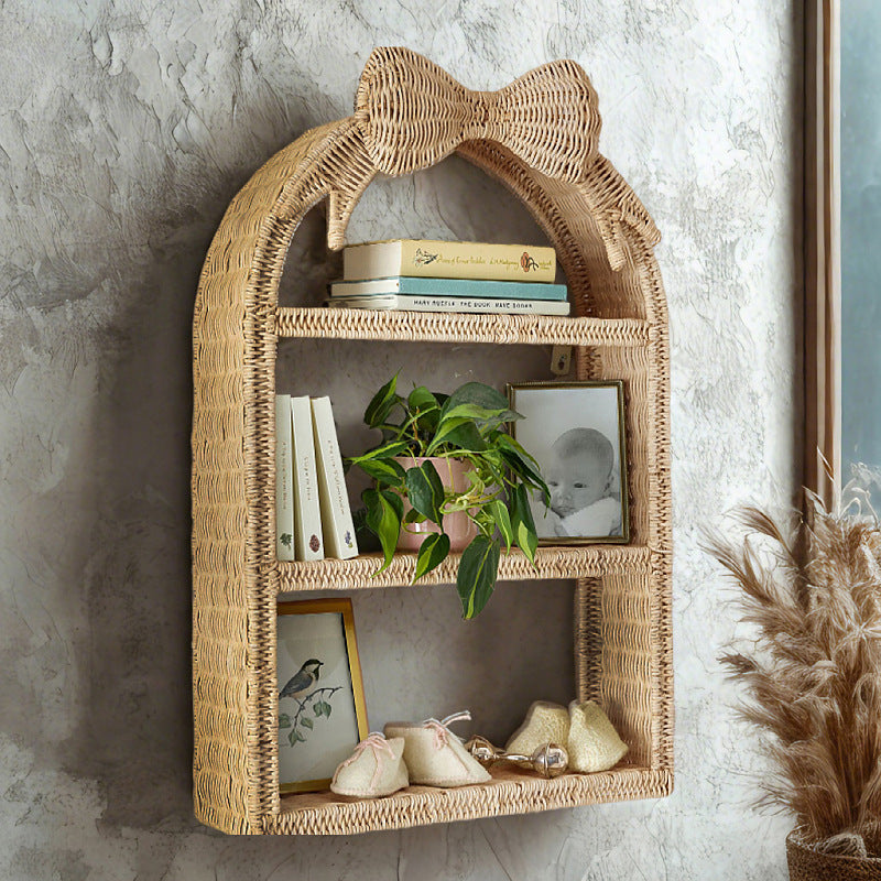 Étagère murale papillon en rotin tressé – 3 niveaux, chambre d’enfant