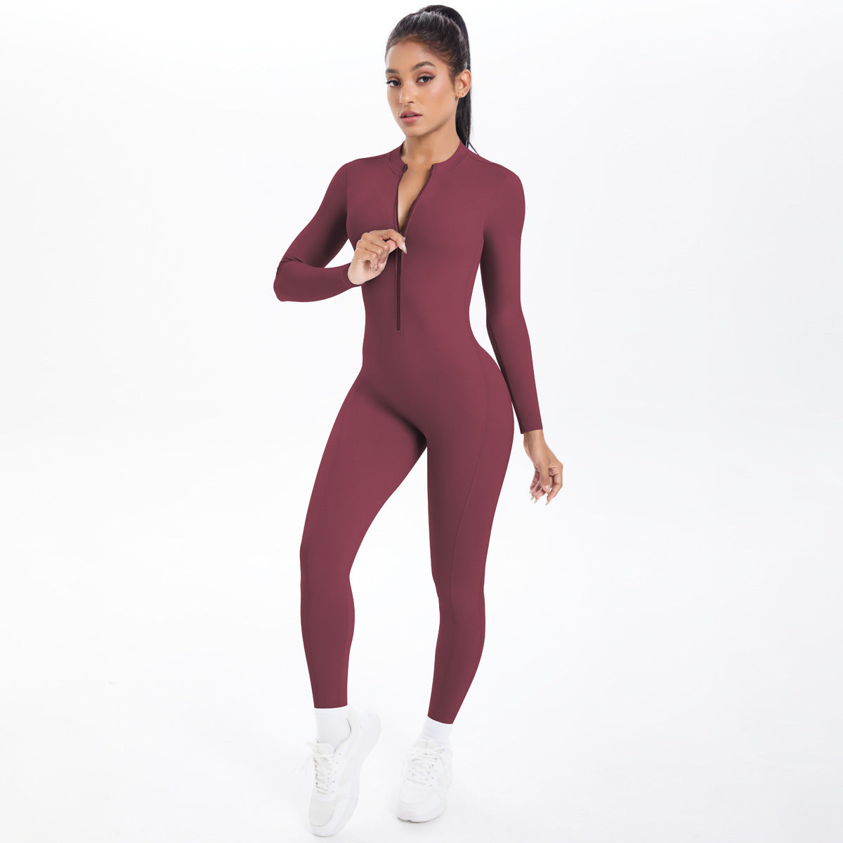 Style Half-Zip Yoga Jumpsuit, Bare-Skin Feel Slim Fit High Elastic Fitness Long Sleeve Long Pants Yoga Wear