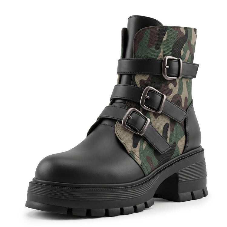 Bottines femme camouflage à talon haut, semelle épaisse et boucle – sur commande, expédition sous 7 jours