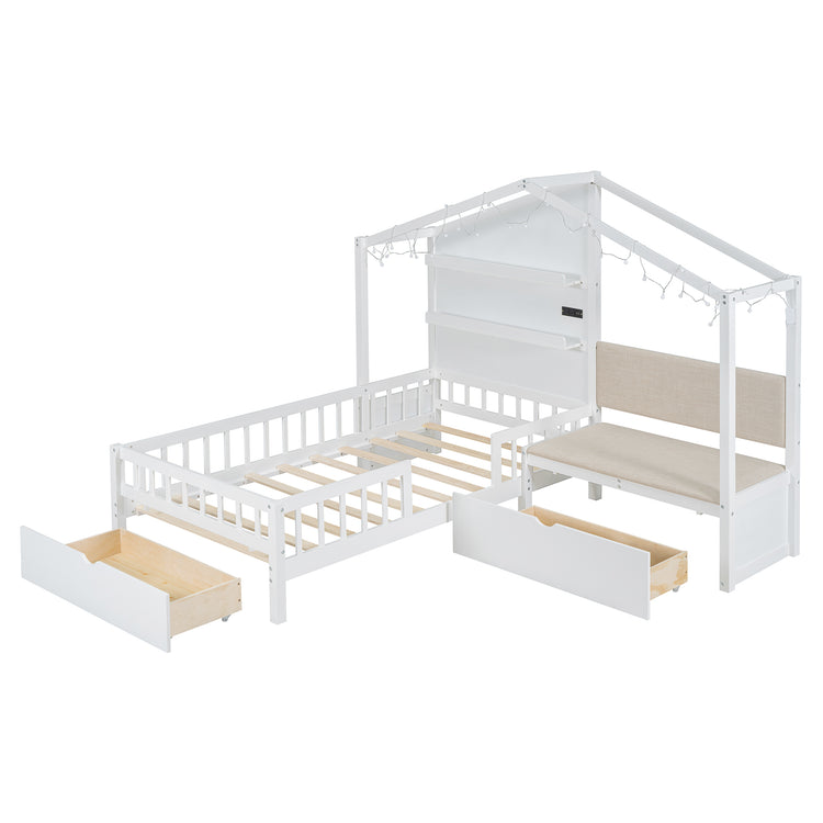 Lit cabane format Twin avec canapé rembourré, station de recharge sans fil, étagères et deux tiroirs – blanc