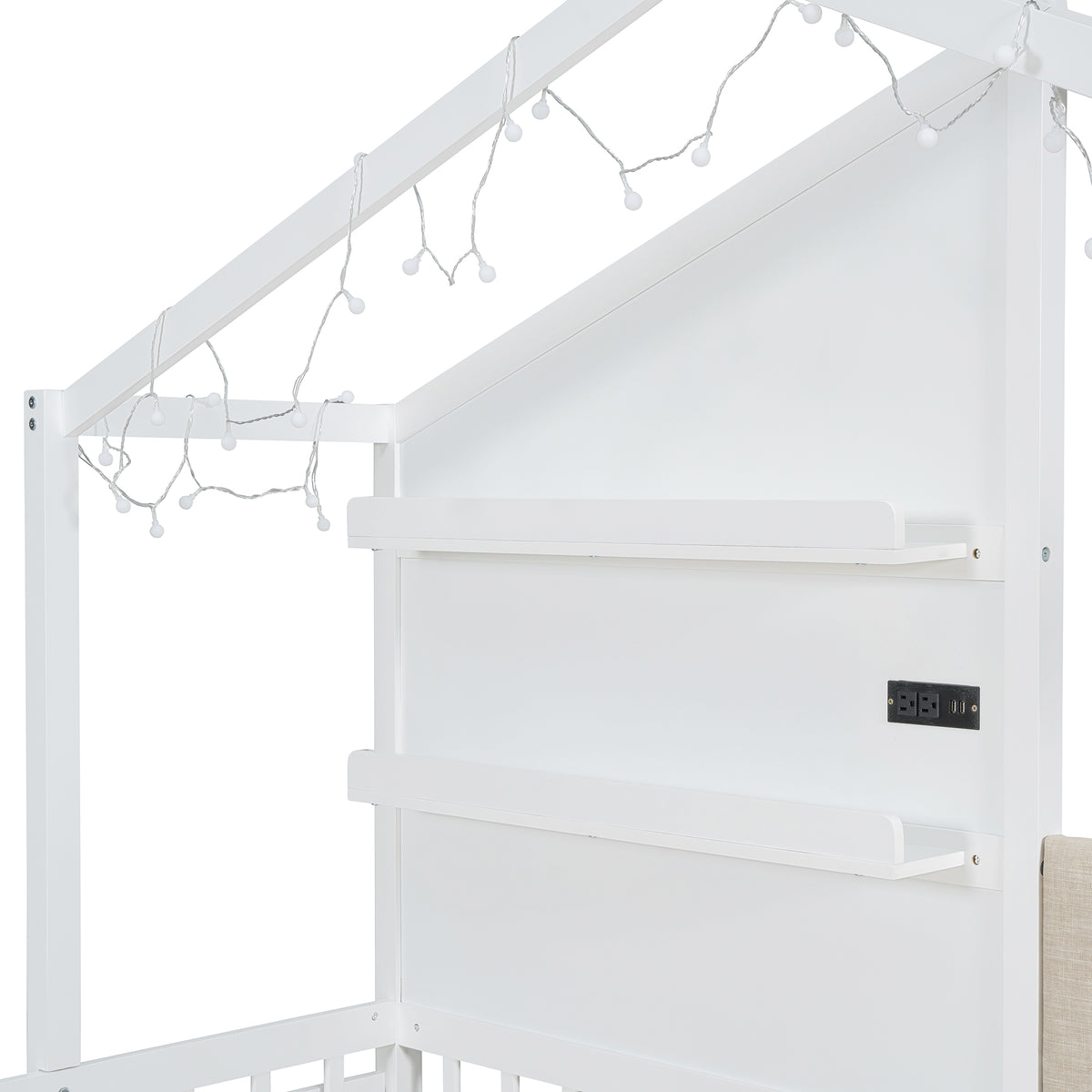 Lit cabane format Twin avec canapé rembourré, station de recharge sans fil, étagères et deux tiroirs – blanc