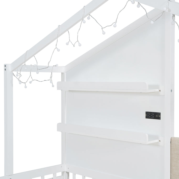 Lit cabane format Twin avec canapé rembourré, station de recharge sans fil, étagères et deux tiroirs – blanc