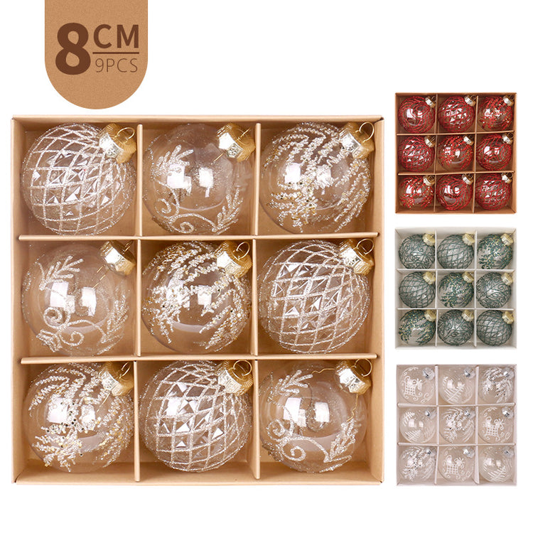 Coffret de 9 boules de Noël transparentes peintes en PET – 8 cm