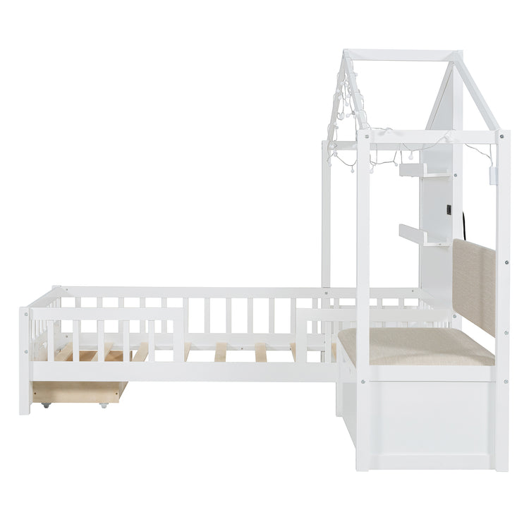 Lit cabane format Twin avec canapé rembourré, station de recharge sans fil, étagères et deux tiroirs – blanc