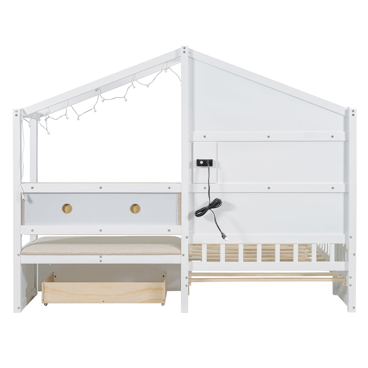 Lit cabane format Twin avec canapé rembourré, station de recharge sans fil, étagères et deux tiroirs – blanc