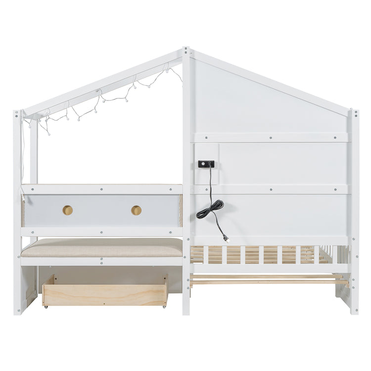 Lit cabane format Twin avec canapé rembourré, station de recharge sans fil, étagères et deux tiroirs – blanc