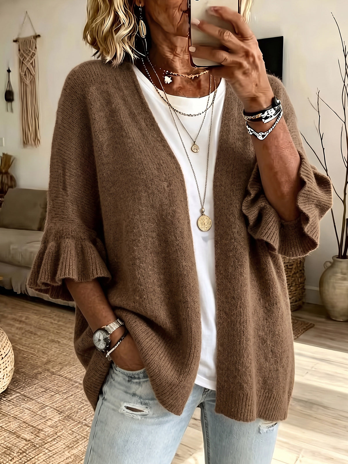 Gilet femme ample en maille à manches trois-quarts