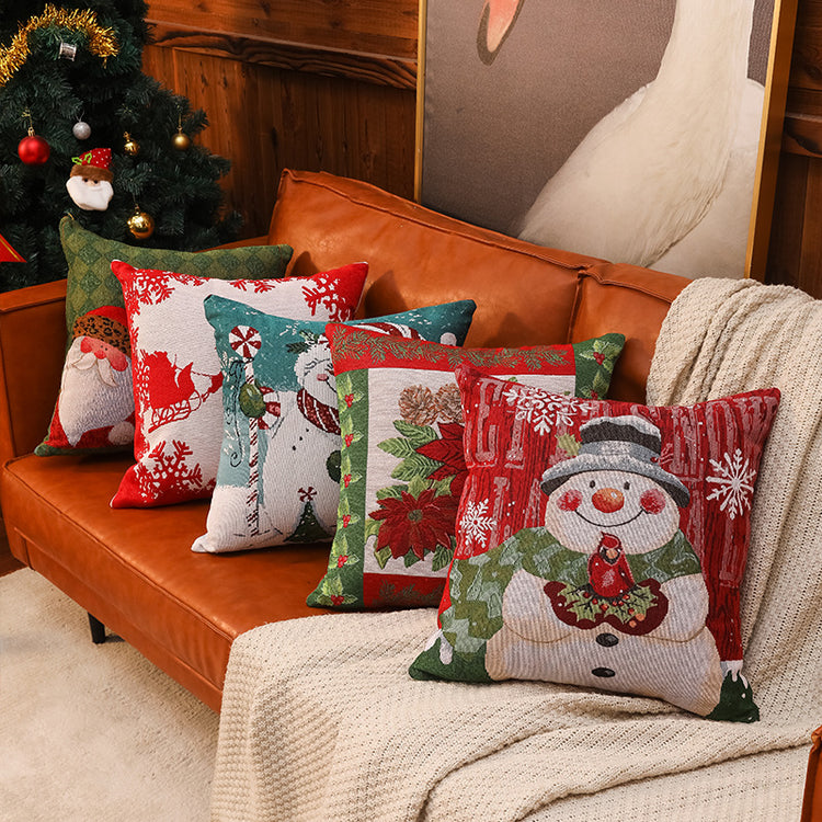Housse de coussin de Noël tissée, motifs élan et bonhomme de neige, sans coussin intérieur
