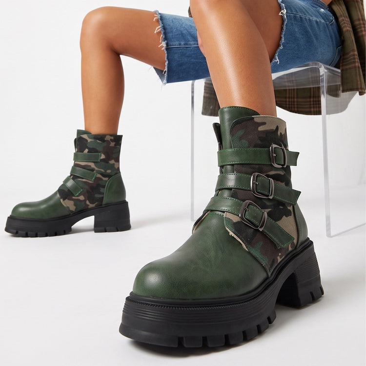 Bottines femme camouflage à talon haut, semelle épaisse et boucle – sur commande, expédition sous 7 jours