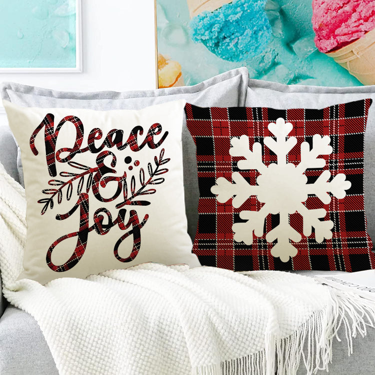 Housse de coussin de Noël 45 × 45 cm – motifs flocons, carreaux et cerf