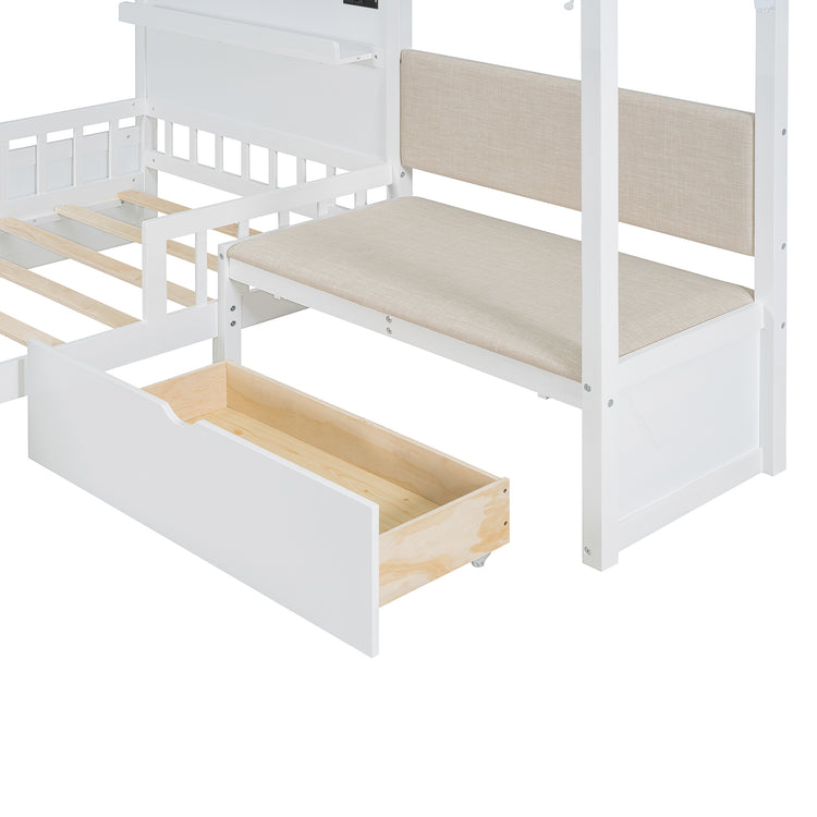 Lit cabane format Twin avec canapé rembourré, station de recharge sans fil, étagères et deux tiroirs – blanc