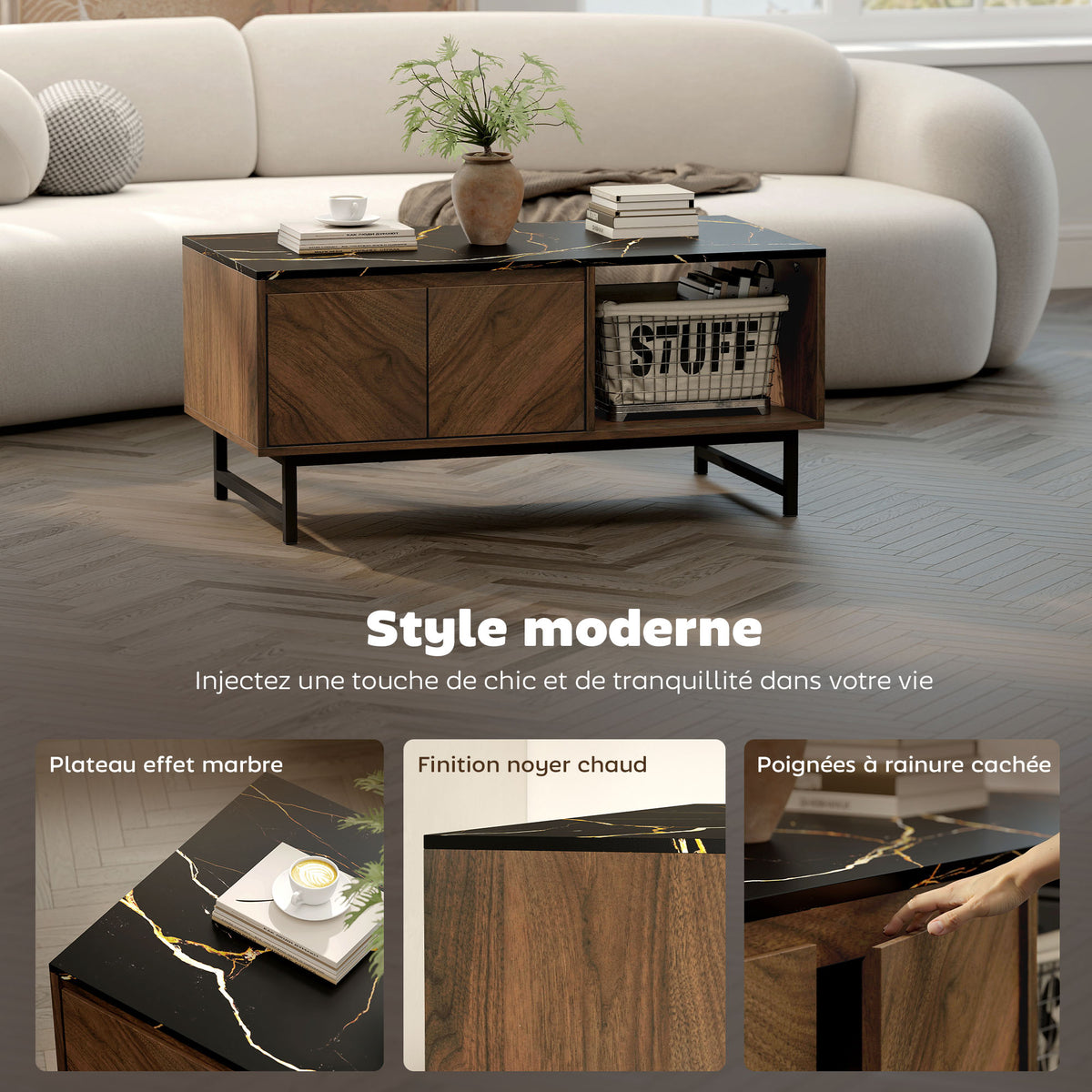 Table basse effet marbre et noyer avec rangements – 100 cm