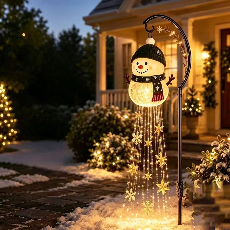 Bonhomme de neige solaire LED pour jardin – Cascade lumineuse d’étoiles et de flocons