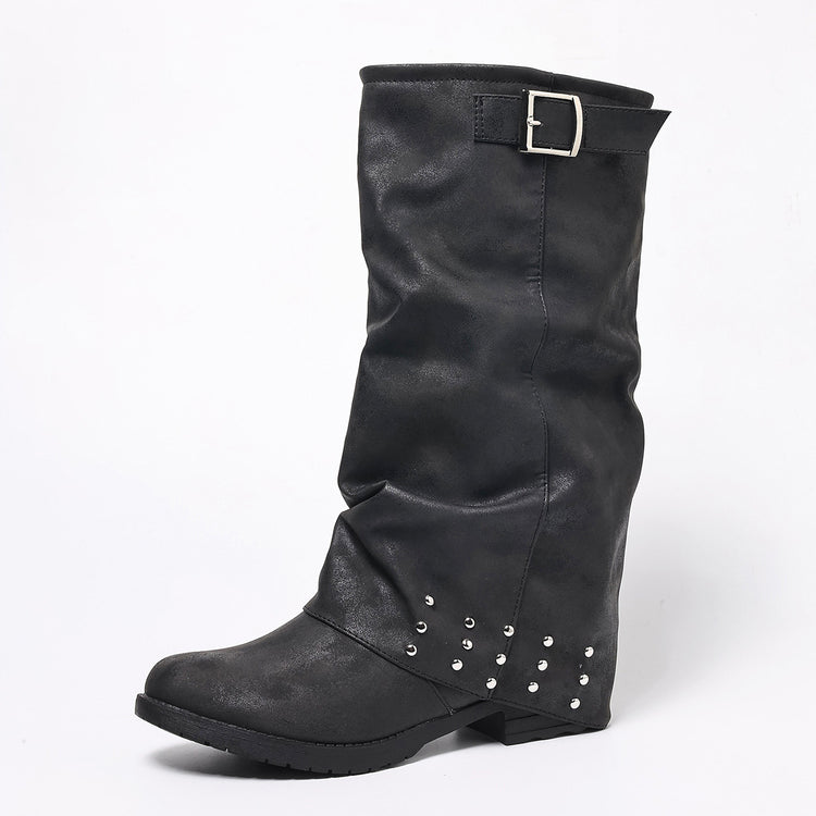 Bottes western femme mi-mollet à talon, bout rond, tige plissée, boucle cuivrée et franges