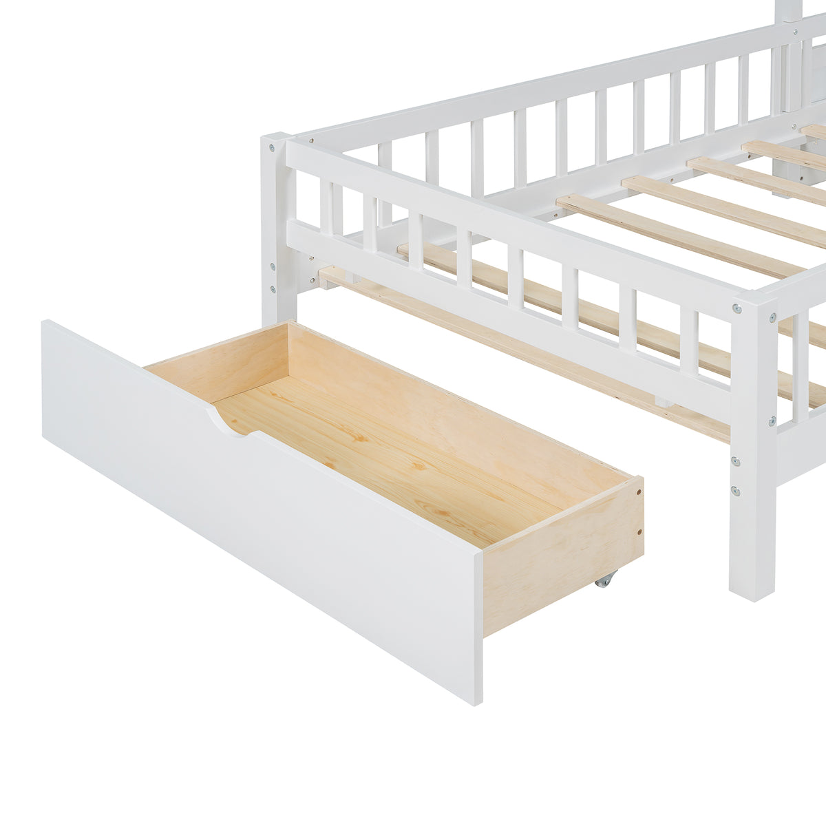 Lit cabane format Twin avec canapé rembourré, station de recharge sans fil, étagères et deux tiroirs – blanc