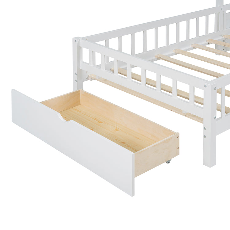 Lit cabane format Twin avec canapé rembourré, station de recharge sans fil, étagères et deux tiroirs – blanc