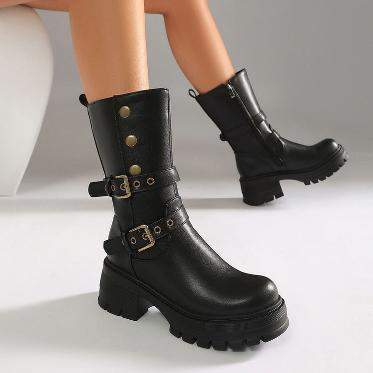 Bottines femme style punk à talon haut, semelle épaisse et bride à boucle