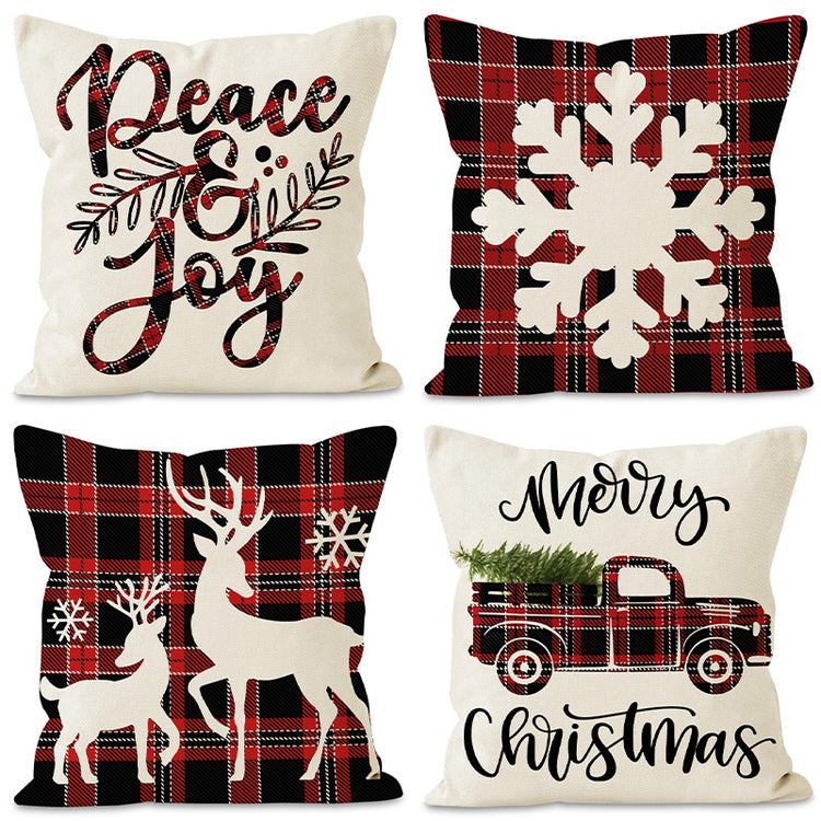 Housse de coussin de Noël 45 × 45 cm – motifs flocons, carreaux et cerf