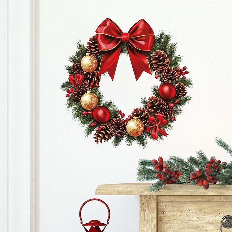 Sticker mural de Noël – couronne avec nœud rouge, pommes de pin et boules