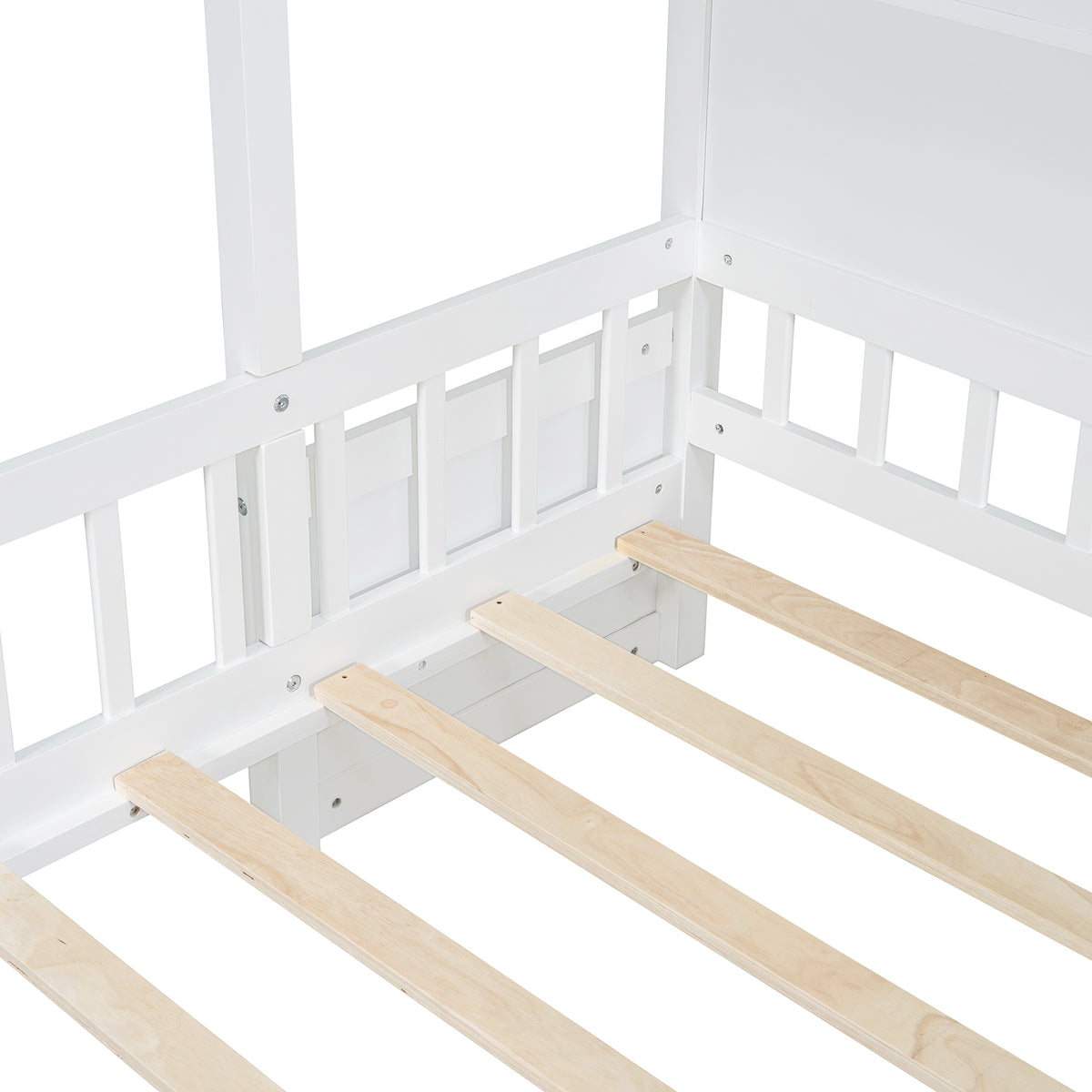 Lit cabane format Twin avec canapé rembourré, station de recharge sans fil, étagères et deux tiroirs – blanc
