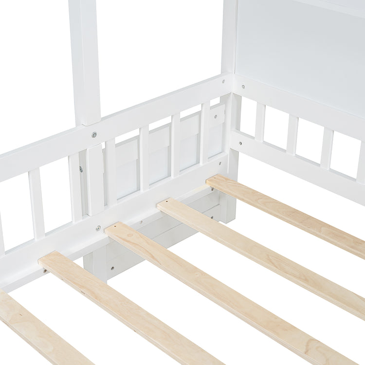 Lit cabane format Twin avec canapé rembourré, station de recharge sans fil, étagères et deux tiroirs – blanc