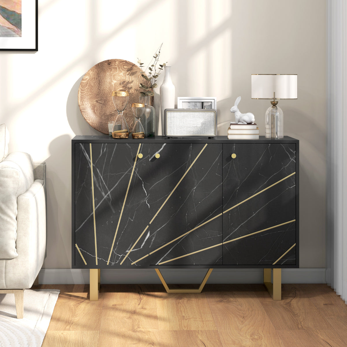 Meuble de rangement buffet salon avec 2 placards 3 portes et étagère réglable, pieds en métal, aspect marbre noir
