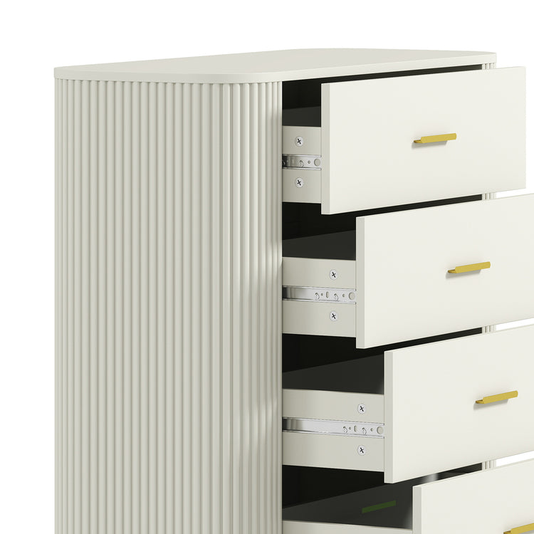 Commode 5 Tiroirs, Meuble de Rangement avec Façades Rainurées et Pieds en Métal, Style Moderne, 90x44x120cm, Gris Clair
