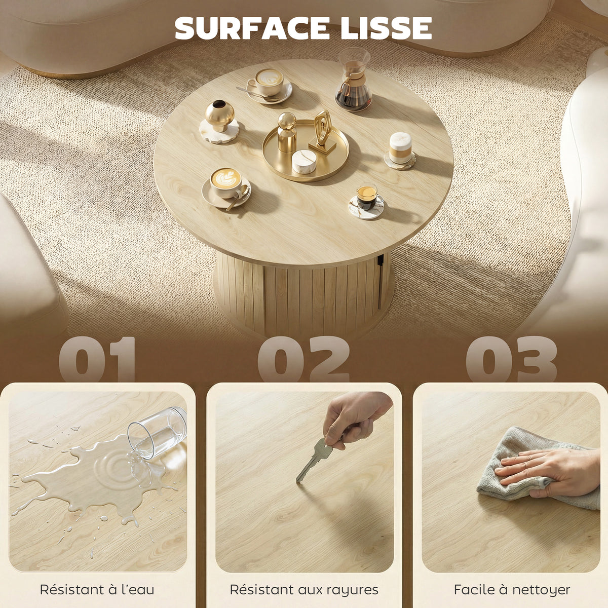 Table basse ronde effet bois naturel avec rangement