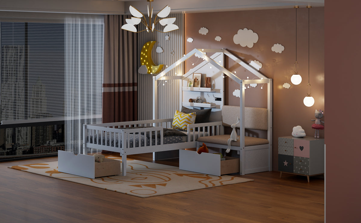 Lit cabane format Twin avec canapé rembourré, station de recharge sans fil, étagères et deux tiroirs – blanc