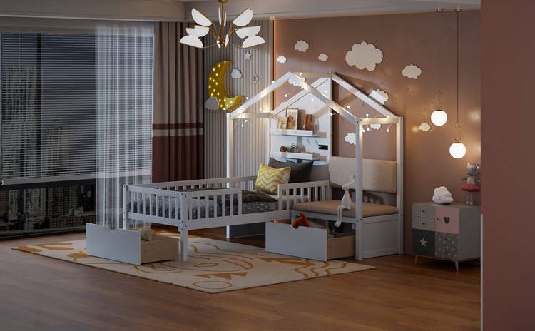 Lit cabane format Twin avec canapé rembourré, station de recharge sans fil, étagères et deux tiroirs – blanc