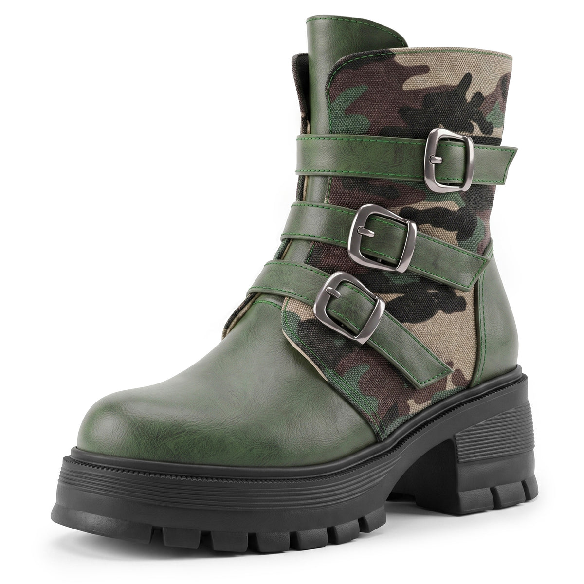 Bottines femme camouflage à talon haut, semelle épaisse et boucle – sur commande, expédition sous 7 jours