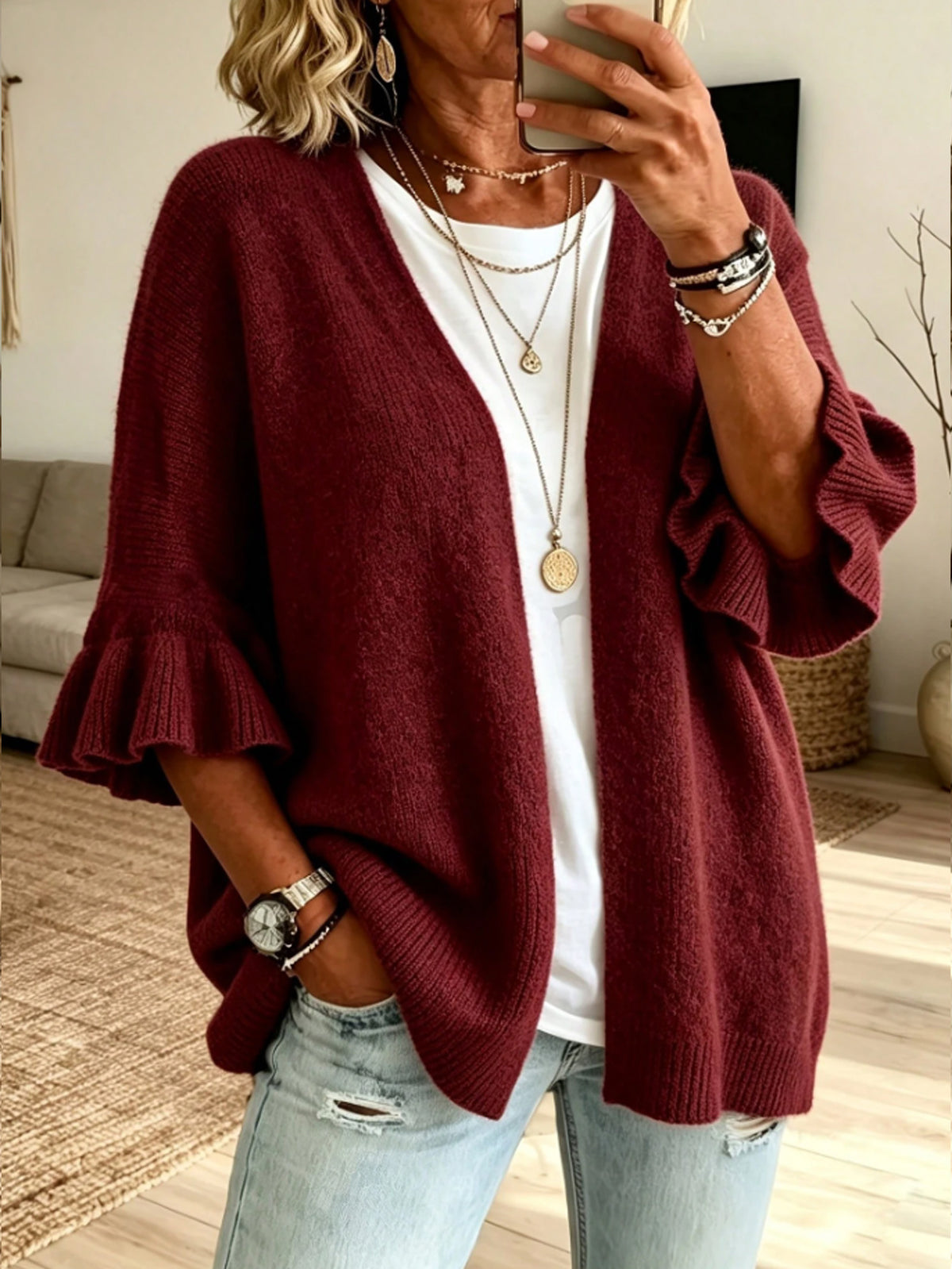 Gilet femme ample en maille à manches trois-quarts