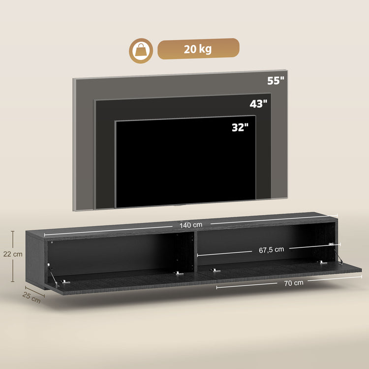 Meuble TV suspendu 140cm, meuble télé pour téléviseur 72 pouces, 2 portes rabattables, 140x25x22cm, noir