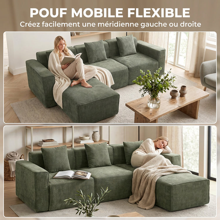 Canapé modulable 3 places en chenille verte avec pouf réversible – 251 cm