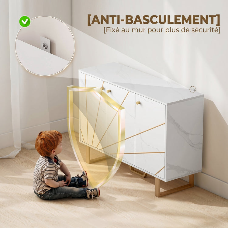 Meuble de rangement buffet salon avec 2 placards 3 portes et étagère réglable, pieds en métal, aspect marbre blanc
