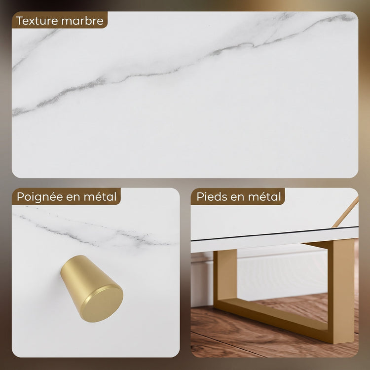 Meuble de rangement buffet salon avec 2 placards 3 portes et étagère réglable, pieds en métal, aspect marbre blanc