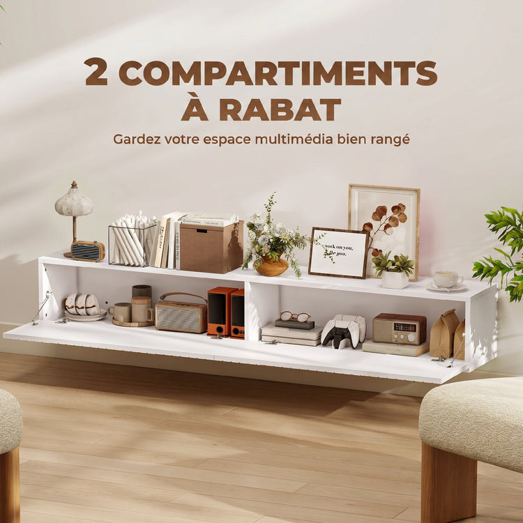 Meuble TV suspendu 140cm, meuble télé pour téléviseur 72 pouces, 2 portes rabattables, 140x25x22cm, blanc